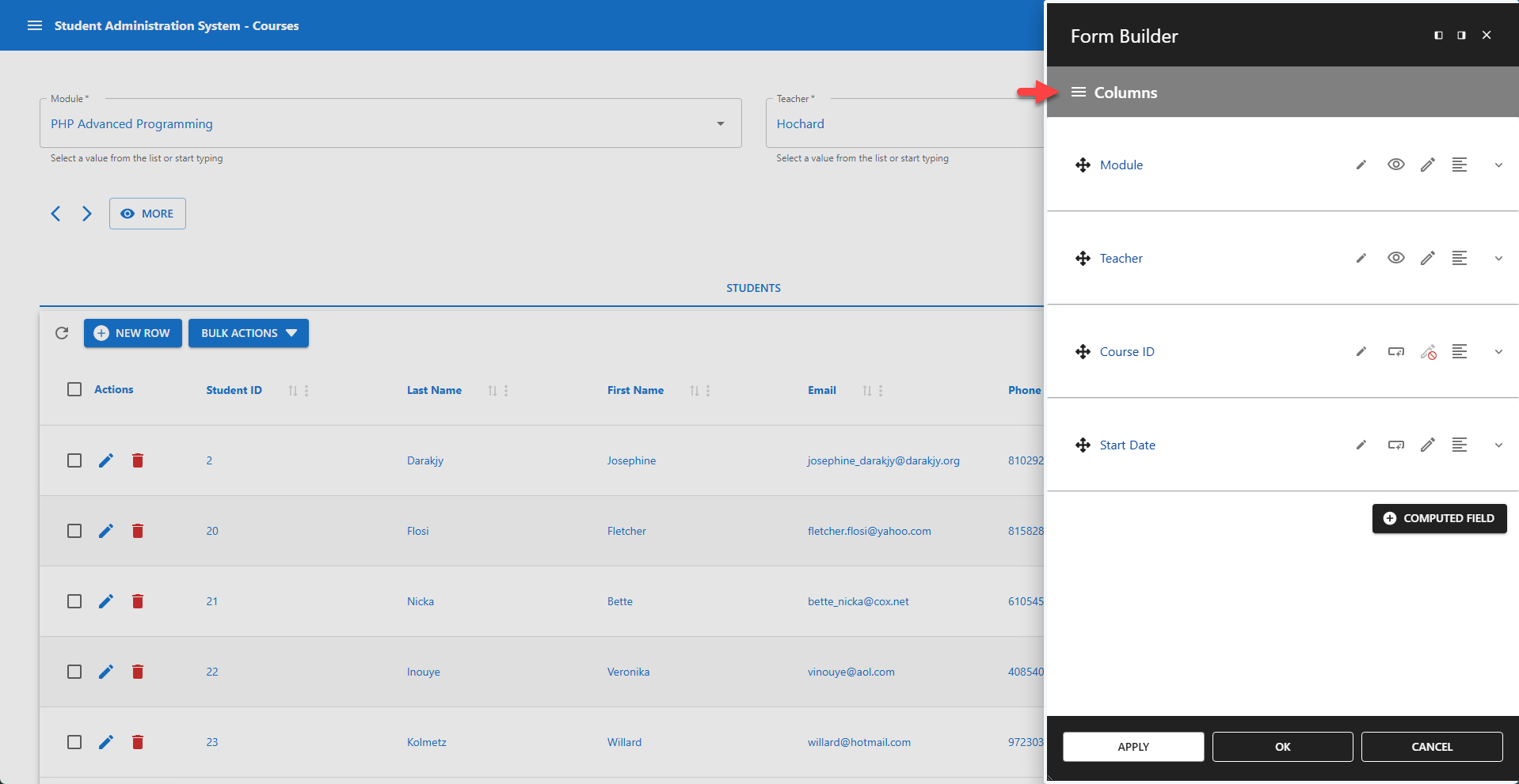 WP Data Access - Form Builder - Columns Menu