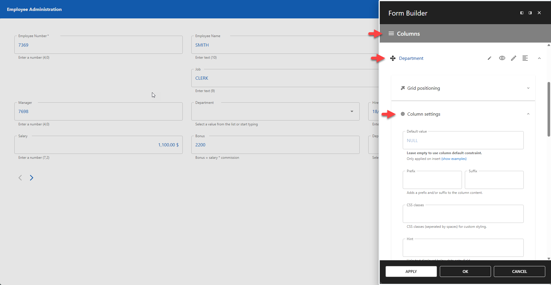 WP Data Access - Form Builder Column Settings