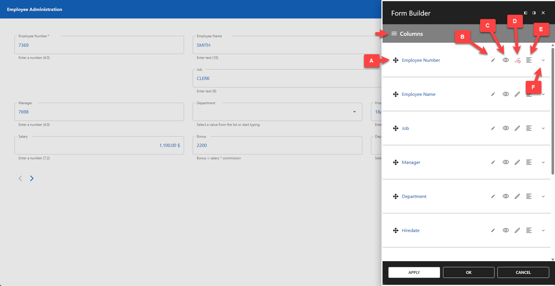 WP Data Access - Form Builder - Columns Menu