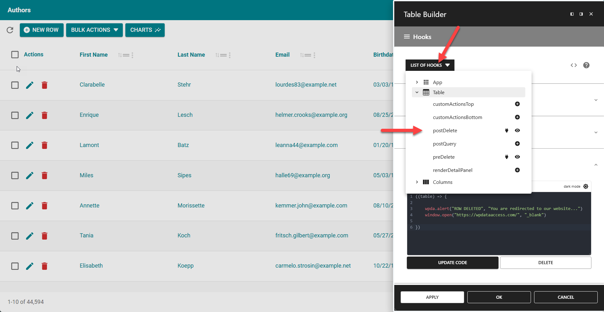 WP Data Access Hooks Render Example