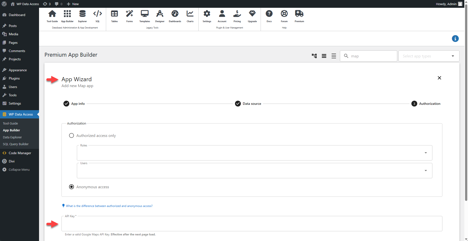 WP Data Access - Map - App Wizard - API Key