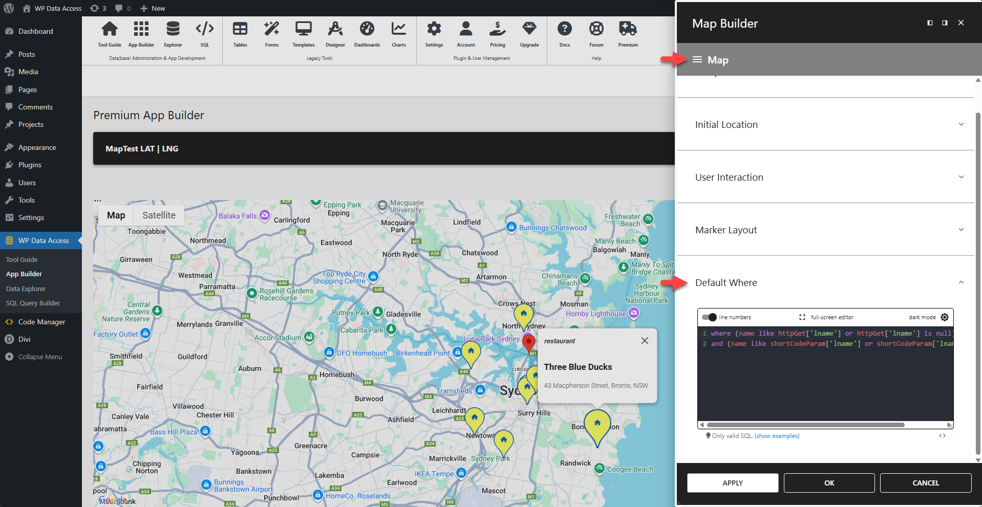 WP Data Access - Map Settings - Default Where