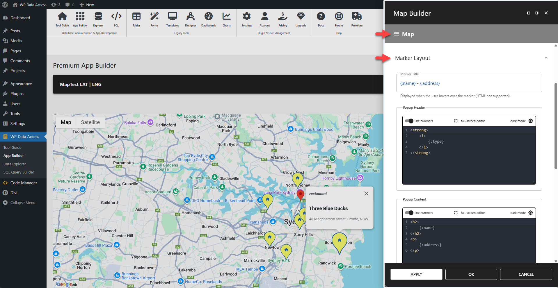WP Data Access - Map Settings - Marker Layout