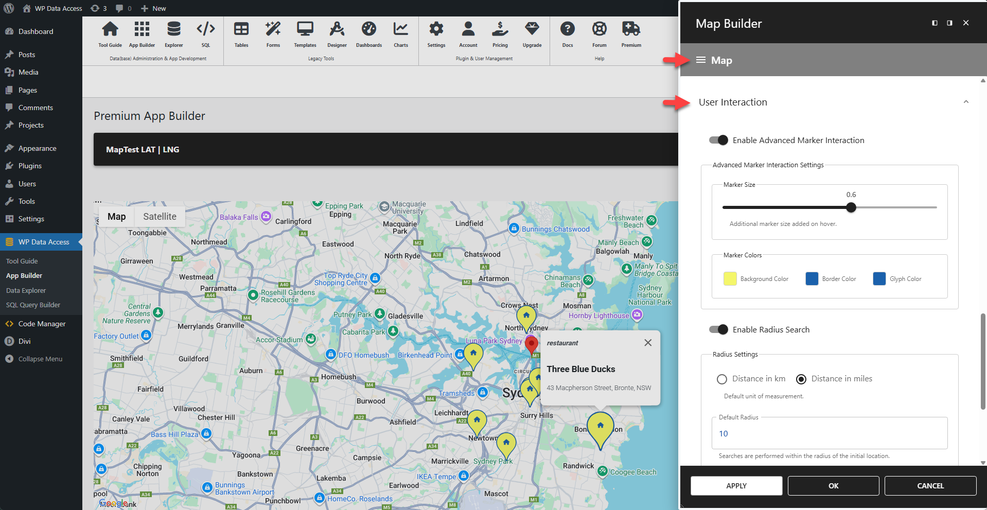 WP Data Access - Map Settings - User Interaction