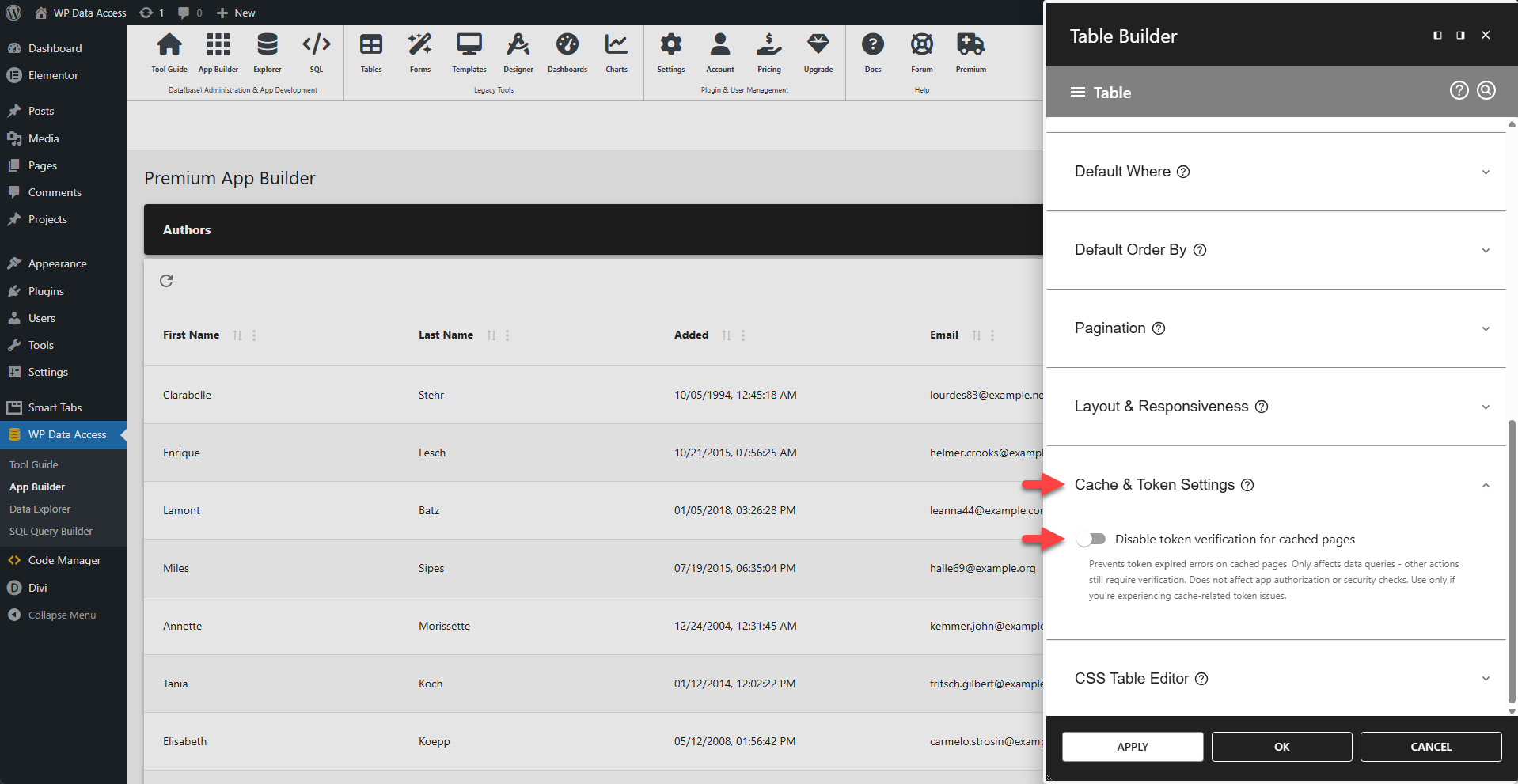 WP Data Access - Table Builder - Cache & Token Settings