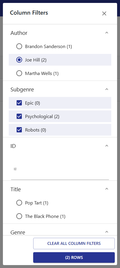 WP Data Access - Table Builder - Column Filters Popup