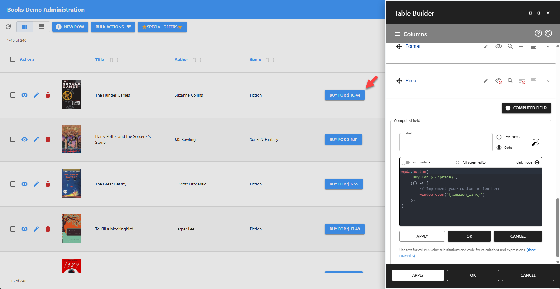 WP Data Access - Styled Button Using a Computed Field