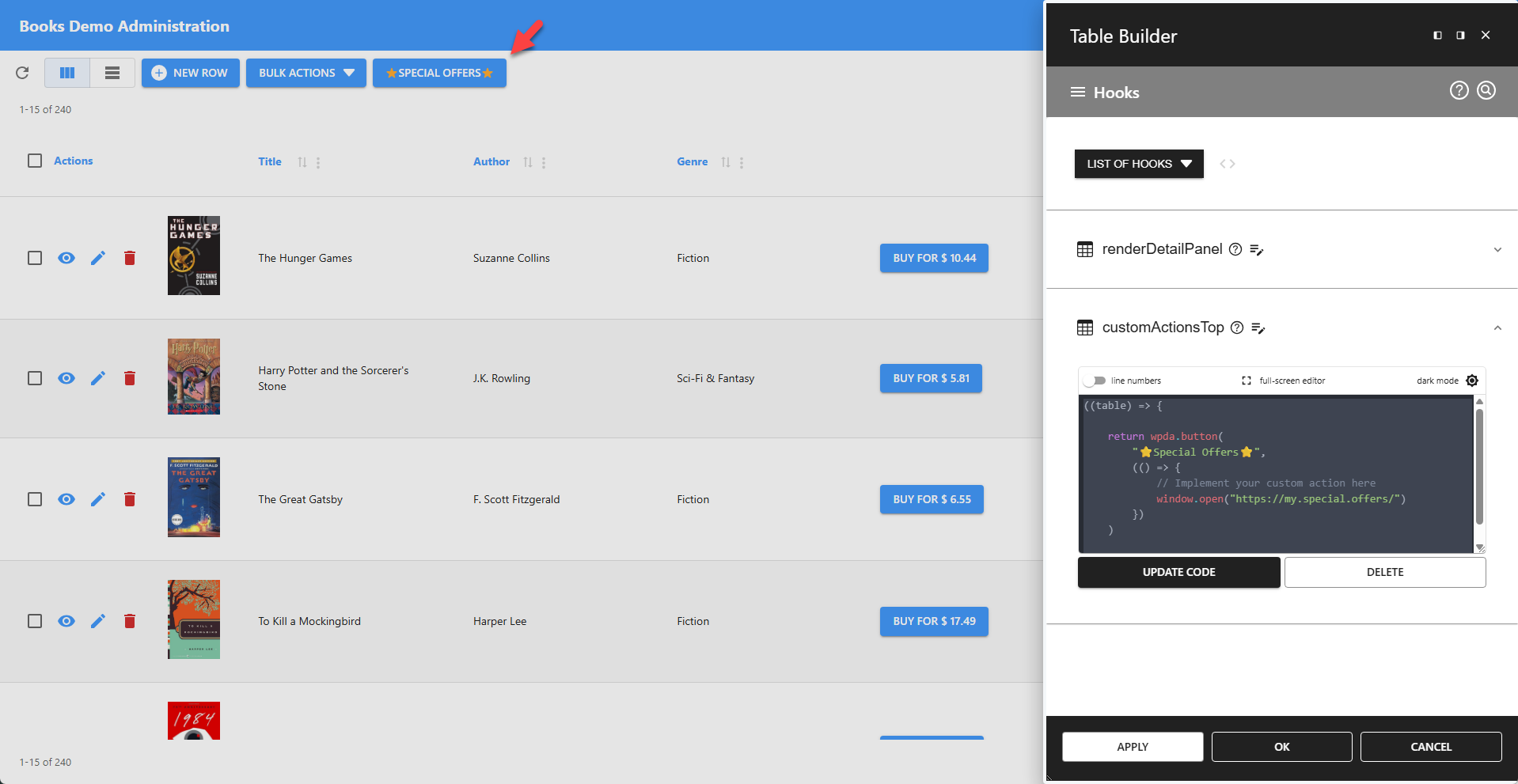WP Data Access - Styled Button Using a Hook