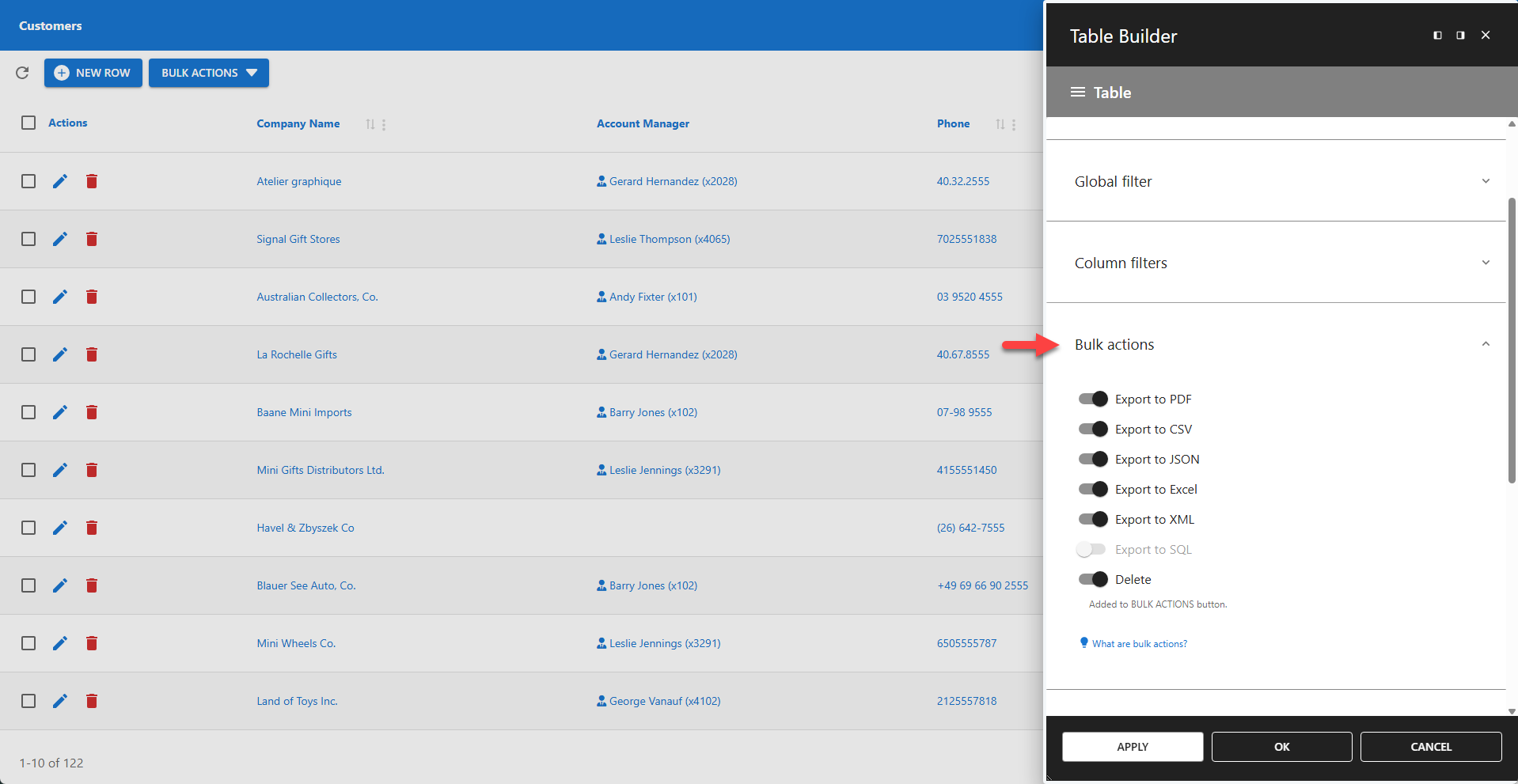 WP Data Access - Table Builder - Bulk Actions Settings