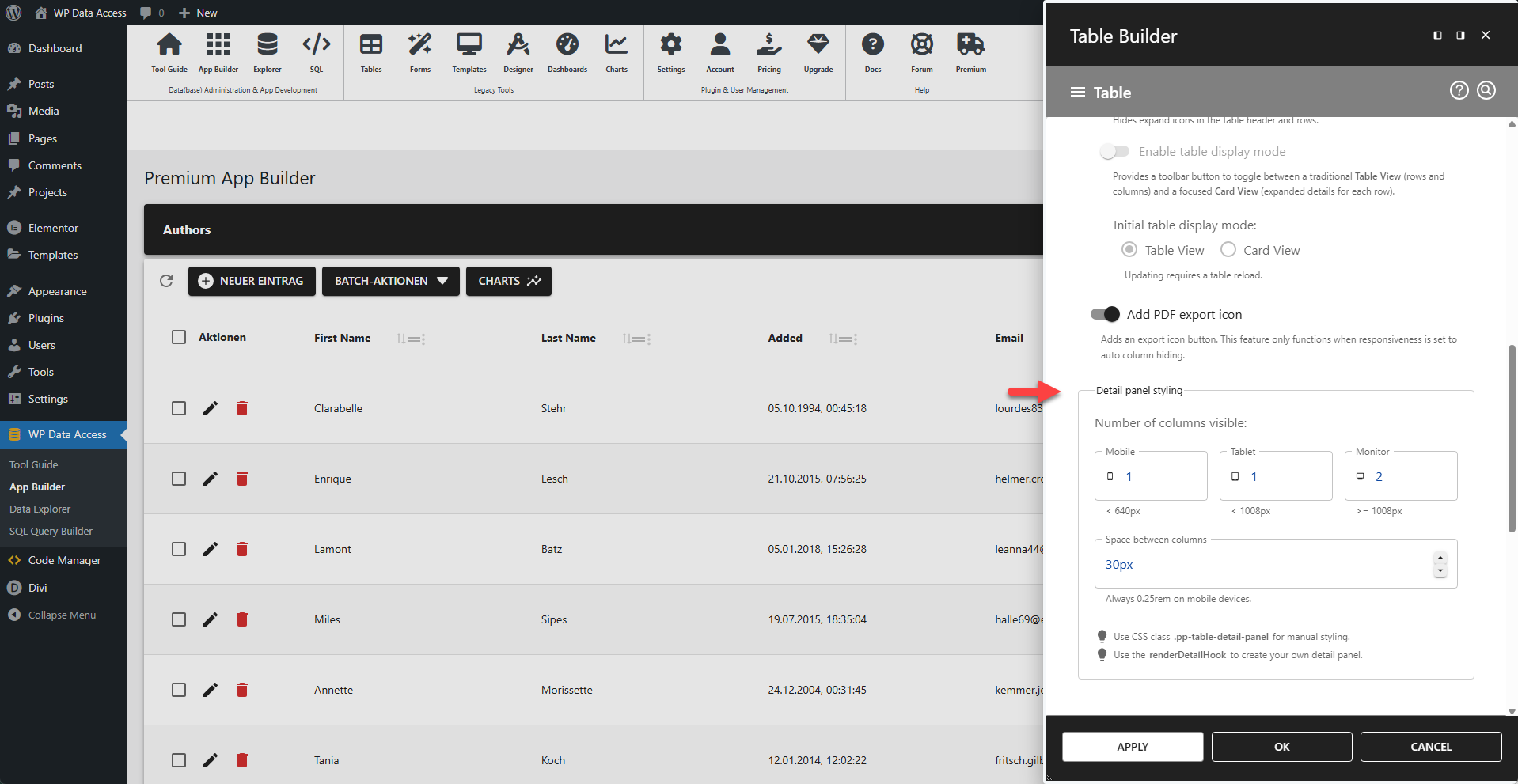 WP Data Access - Table Builder - Detail Panel