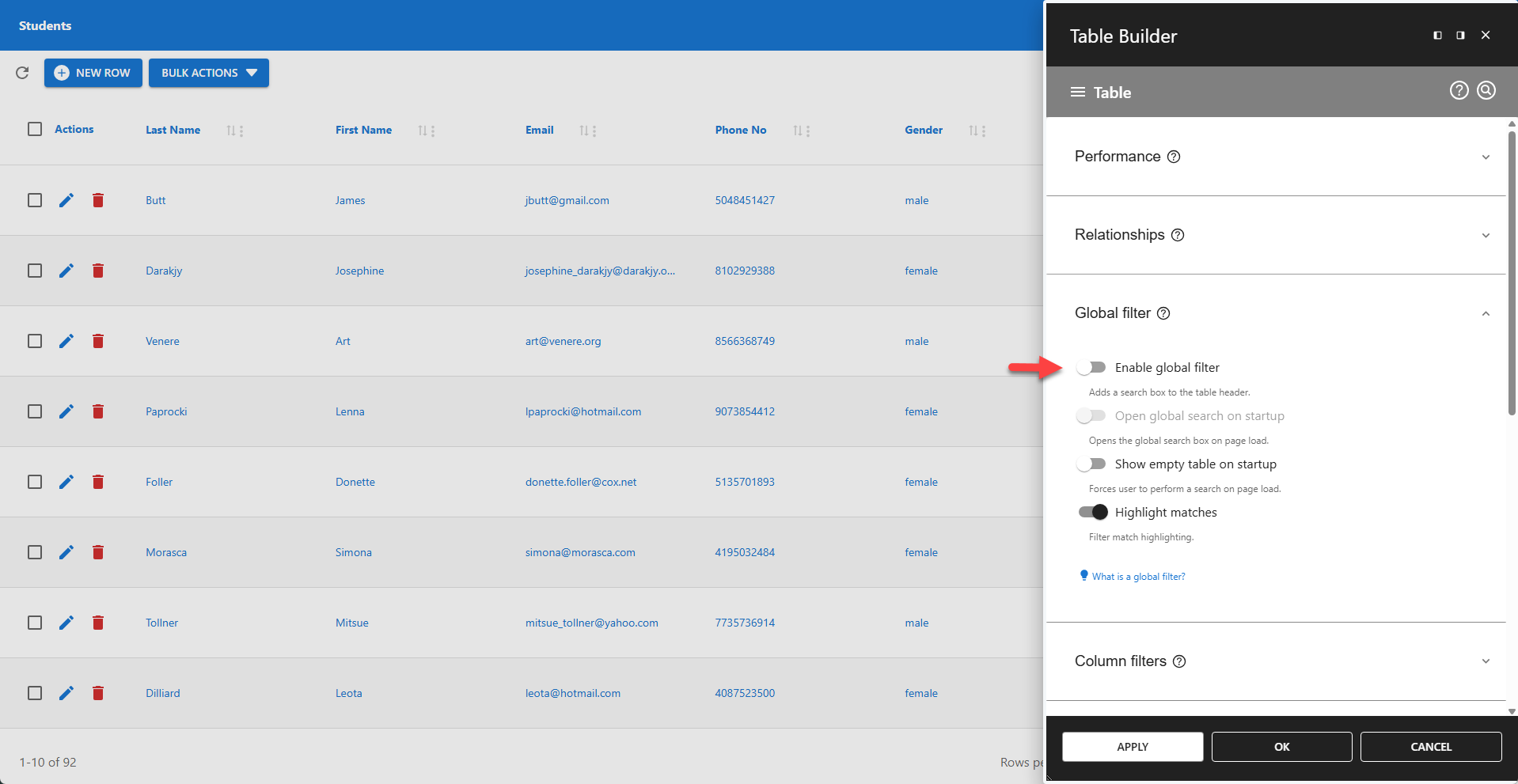 WP Data Access - Table Builder - Disable Global Filter
