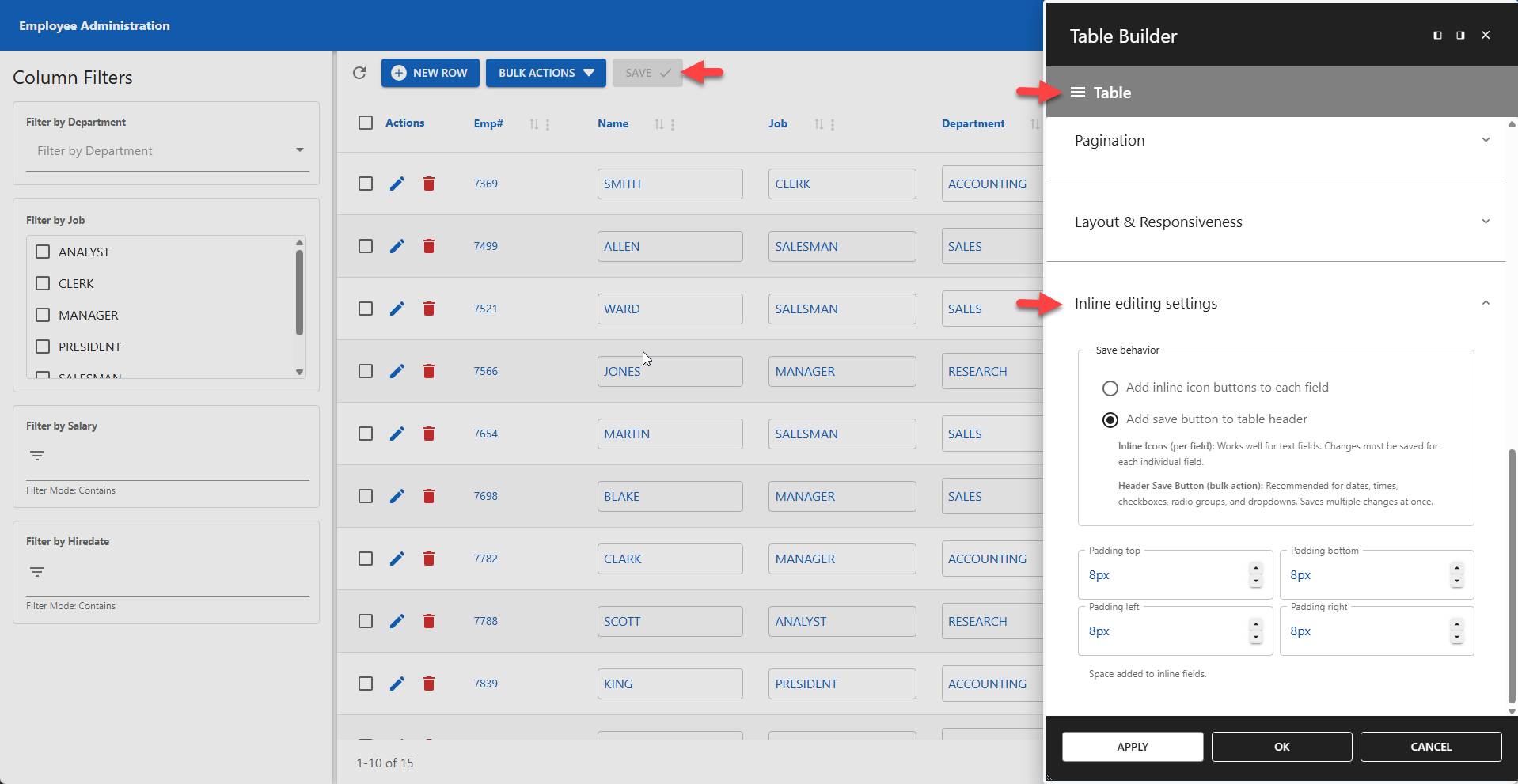 WP Data Access - Table Builder - Inline Editing Settings